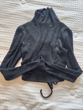 Final Touch Charcoal Ribbed Drawstring Turtleneck Sweater